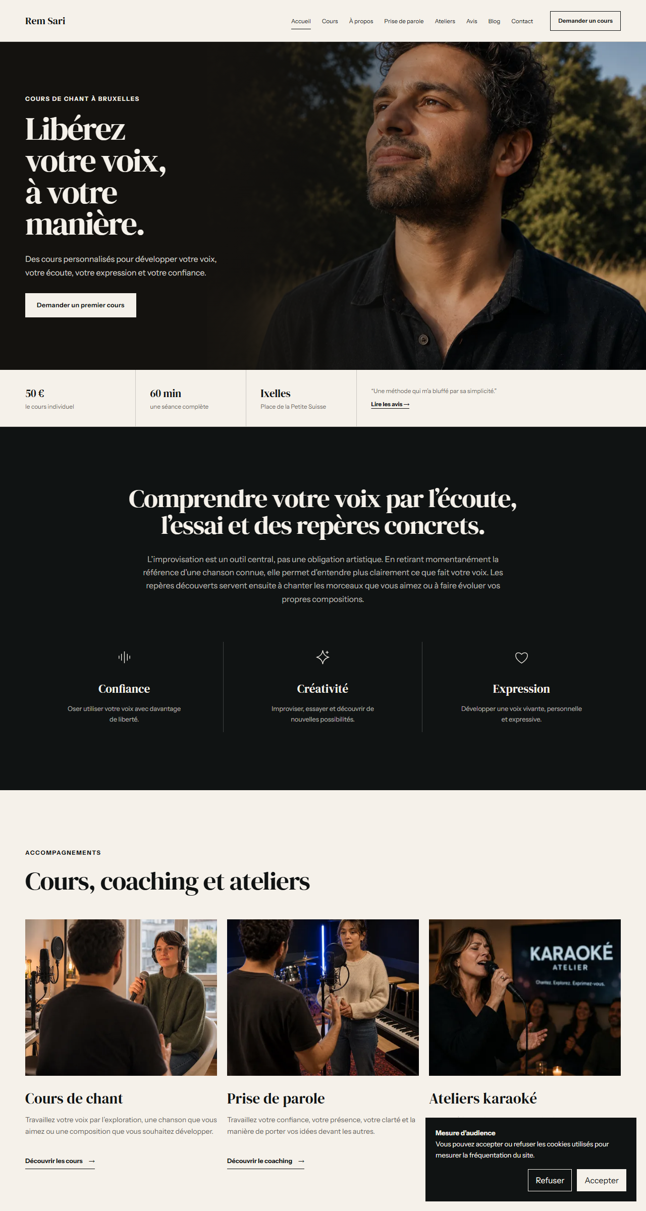 Capture du site Cours de chant Bruxelles